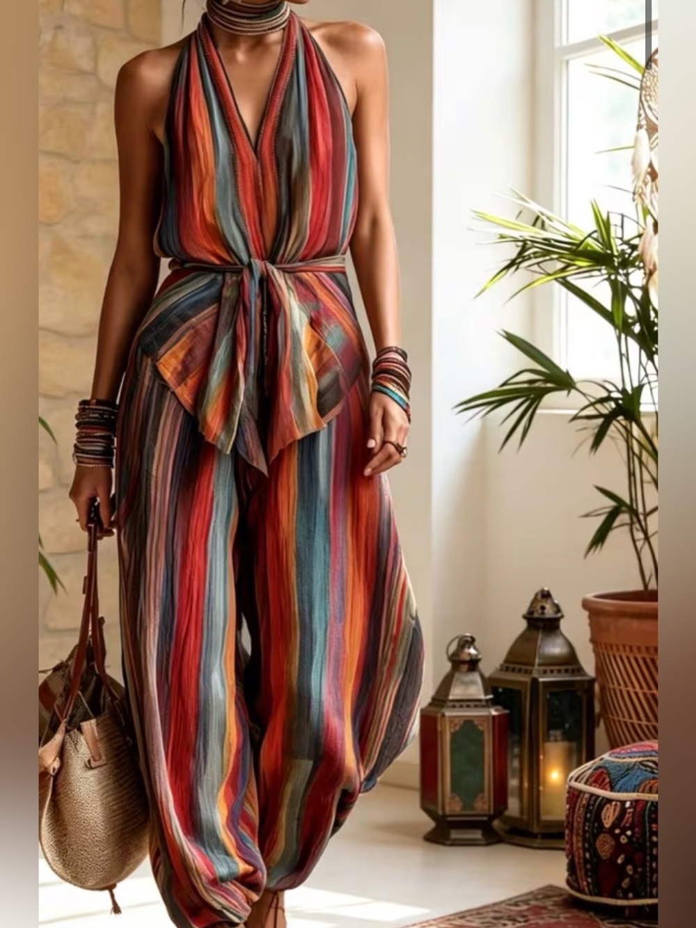 Striped Multicolor Halter Jumpsuit - Lightweight Women’s Jumpsuit